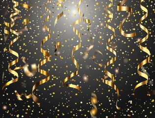 Gold confetti and ribbons scattered in dynamic chaos on transparency