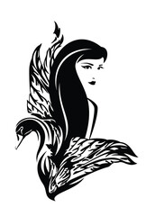 black and white vector portrait of fairy tale swan turning into beautiful woman - beauty with long hair and bird wings