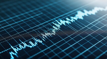 A close-up view of a digital waveform displayed on a grid, showcasing audio signals with peaks and troughs in a visually striking blue color.