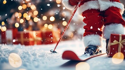 A child in a Santa suit is skiing down a snowy slope. The scene is festive and joyful, with the child's outfit and the Christmas tree in the background