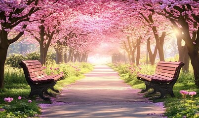 A serene pathway lined with blooming cherry trees and benches, inviting relaxation and reflection.