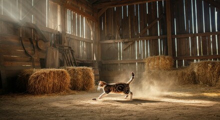 Playful cat in sunlit barn chasing toy mouse, rustic farm scene