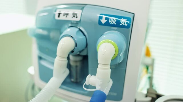 Medical, ventilator and machine for healthcare in hospital with closeup for respiratory failure or oxygen. Breathing respirator, aid and health equipment in Japan for lung support or surgery recovery