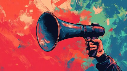 Hand holding megaphone shaped like gun making announcement