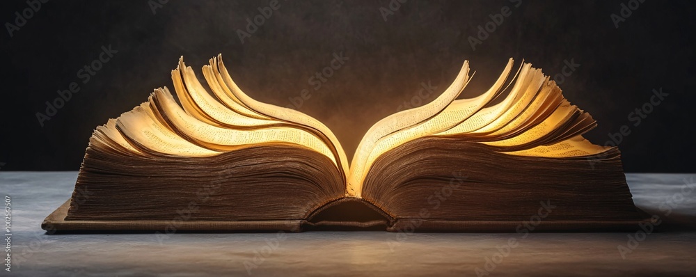 Poster Open magic book glowing on a dark background, turning pages creating a mystical atmosphere