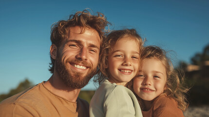 Joyful family portrait at the beach during sunset