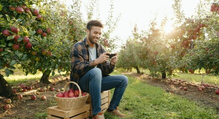 Fototapeta premium Young man enjoying relaxation in apple orchard with ripe apples and smartphone entertainment