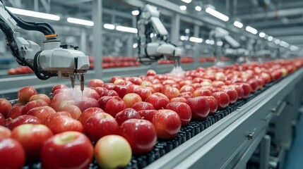 Robotic arms applying non-toxic protective coatings to apples, ensuring long shelf life, shine, and quality control using automated sprayers, Photorealistic
