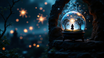 Surreal Celebration with Glass Globe and Fireworks