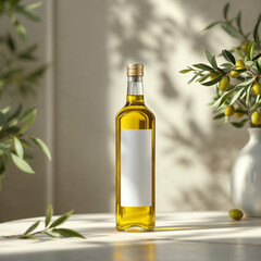 A olive oil concept prepared for mockup, with label on glass of bottle on a light wooden table