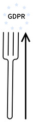 GDPR text encircled by stars fork symbol aligning with upward arrow. Ideal for data security, compliance, privacy, growth, regulation, organizational structure, digital protection. Line metaphor