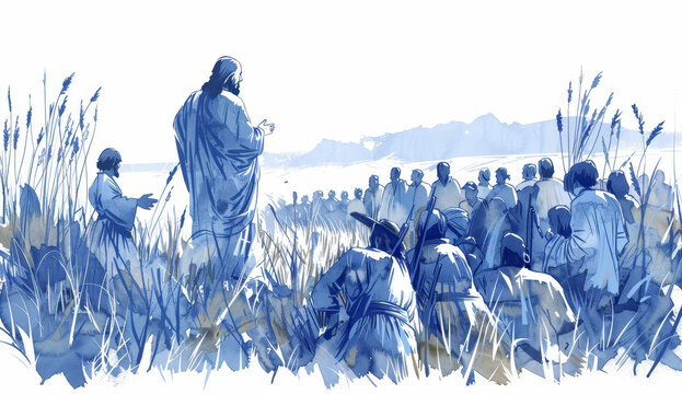 Jesus Christ Healing People Surrounded by Soldiers in Open Field.