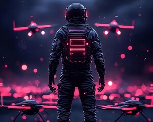 Naklejka premium Cybernetic hero standing over defeated drones, neon glow, cyber world, 3D illustration