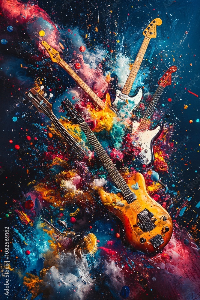 Poster guitars exploding with colorful powder paint on dark background