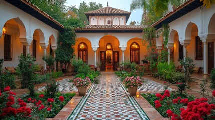 A beautiful courtyard with red flowers, tiled pathway, and arches.