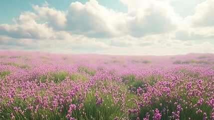 Fototapeta premium A serene landscape filled with vibrant purple flowers under a cloudy sky.