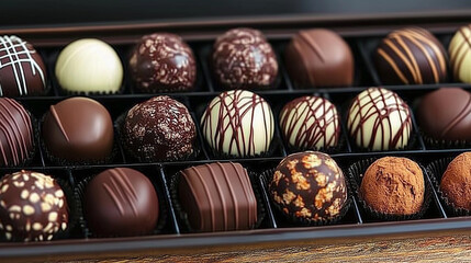 Exquisite selection of gourmet truffles with rich cocoa, nut accents, and elegant chocolate drizzles, crafted with premium milk, dark, and white chocolate.