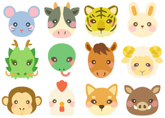 Obraz premium かわいい十二支のイラストセット 顔 正面 ベクター素材