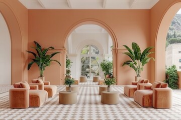 A modern, serene interior featuring peach-colored walls, comfortable seating, and lush plants, creating an inviting atmosphere for relaxation.