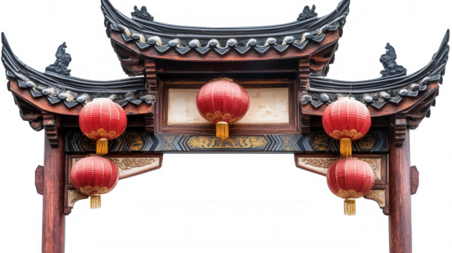 Traditional Chinese Archway with Red Lanterns Hanging, Chinese New Year Festival, Isolated on White, PNG File, Transparent Background