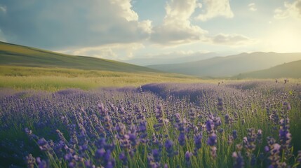 Obraz premium A serene lavender field under a bright sky, evoking tranquility and natural beauty.