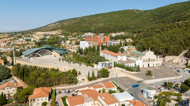 Aerial view of the Sanctuary of Saint Pio of Pietrelcina, also known as Padre Pio Pilgrimage Church, and the sanctuary of Santa Maria delle Grazie located in San Giovanni Rotondo, Puglia, Italy. 