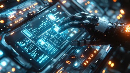 An android configures servers using holographic interface in a high-tech control room