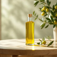 A olive oil concept prepared for mockup, with a glass of bottle on a light wooden table