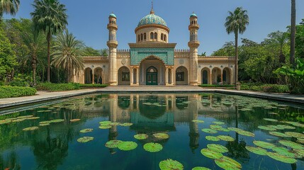 Naklejka premium A beautiful mosque with a reflecting pool and lily pads in front.