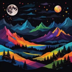 modern art mural wallpaper, night landscape, colorful mountains, trees, dark black background with stars and moon