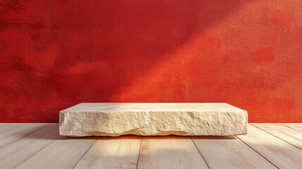 Minimalist composition with blank stone podium on wood against red, creating a bold, elegant contrast for modern design