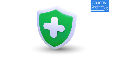 Obraz premium 3D Illustration of a Green Shield Icon with a White Cross