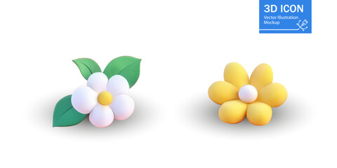 3D Illustration of Two Flower Icons with Leaves