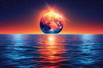 A stunning cosmic scene featuring a vibrant, colorful planet rising over a serene ocean at sunset with a starry sky.