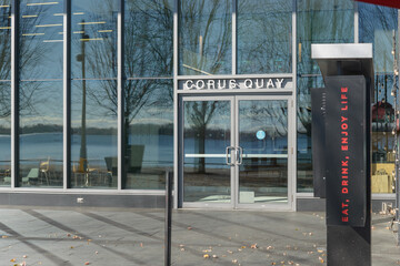 Naklejka premium exterior facade and doors at Corus Quay near Dockside Drive in the Waterfront Area of downtown Toronto, Canada