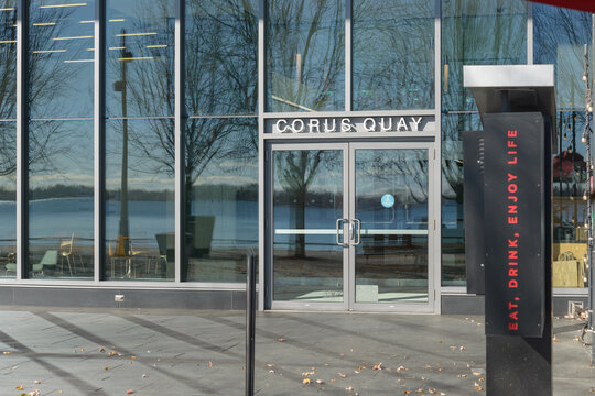exterior facade and doors at Corus Quay near Dockside Drive in the Waterfront Area of downtown Toronto, Canada