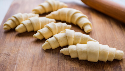 Raw unbaked croissant dough with layers. Tasty food. Ready for baking. Cooking concept. Close-up.