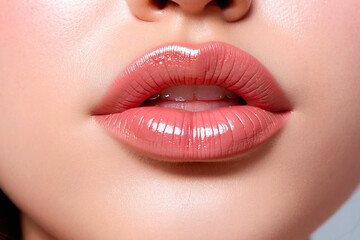 Fototapeta premium A close-up of a man's lips is shown. The lips are made up with gloss, which gives them a shiny and moist look.