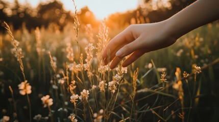 Fototapeta premium Hand Touching Flowers in Golden Sunset Light