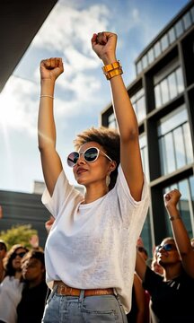 A woman is standing in a crowd of people, wearing sunglasses and a white shirt. She is holding her hand up in the air, as if she is giving a thumbs up. The scene appears to be lively and energetic