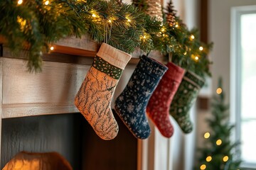 Holiday stockings hung on mantel, festive atmosphere