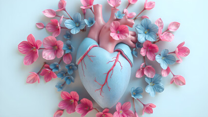 World Heart Day concept, beautiful flowers, leaves, and butterflies decorate the human heart,illustration,3d render