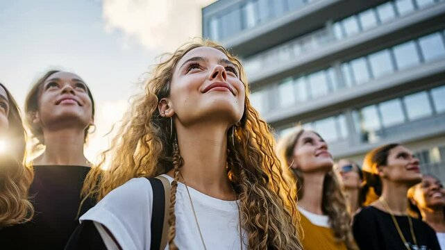 A group of women are standing outside in front of a building. One woman is smiling and looking up at the sky