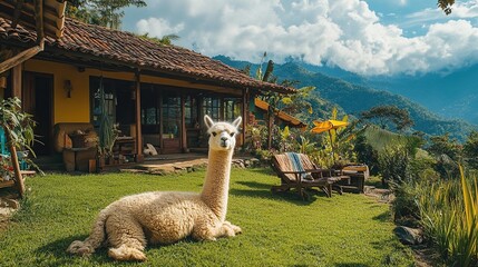 Obraz premium Alpaca Relaxing in Front of a Mountain Home