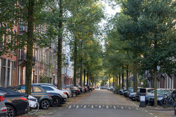 Daily life of Amsterdam, car street parking in Oud Zuid, old part of the city