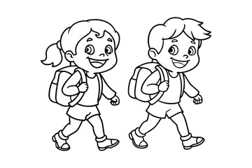 Children Walking Silhouette Vector - Minimalist Black & White Kids Duo Outline, Friendship & Childhood Design