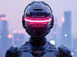 Female cyber warrior, hightech armor with holographic shield, futuristic cityscape, 3D illustration