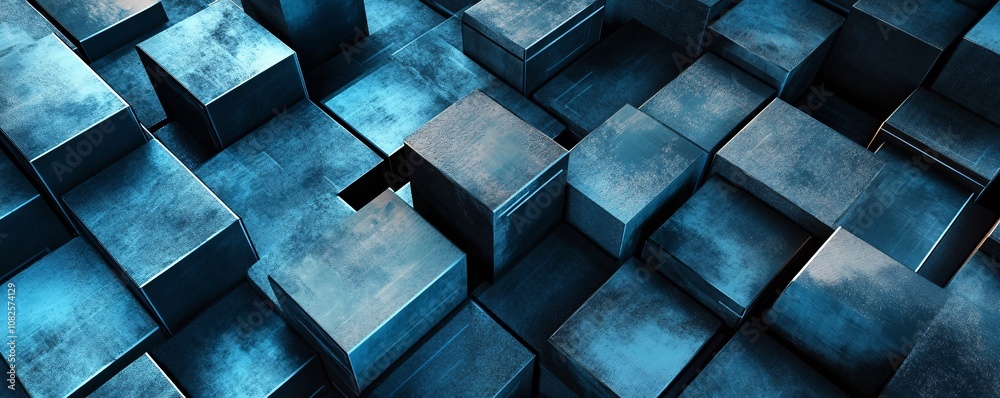 Poster abstract metallic cubes forming a complex structure with blue lighting