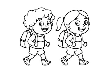 Children Walking Silhouette Vector - Minimalist Black & White Kids Duo Outline, Friendship & Childhood Design