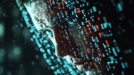Close-Up of a Hacker’s Face Under a Hood with Reflected Data in a High-Quality Digital Environment Showcasing Complex Coding and Matrix Elements